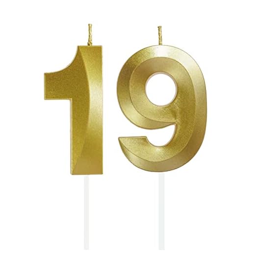 Velas de Cumpleaños con Números Velas Cumpleaños Decoracion Tartas Cumpleaños Toppers de Pastel Decorativo,para Fiesta de Cumpleaños Boda Aniversario Celebración Oro (Número 19)