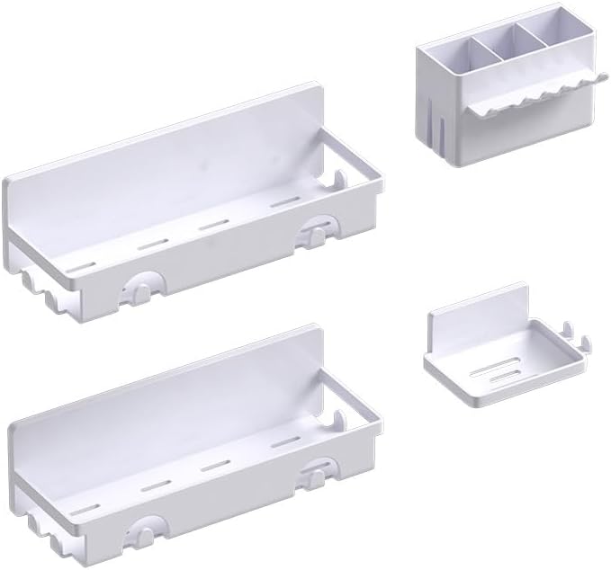 Miniatura 8 de Organizador de ducha montado en la pared, paquete de 4 estantes organizadores de baño adhesivos blancos, estante de almacenamiento a prueba de