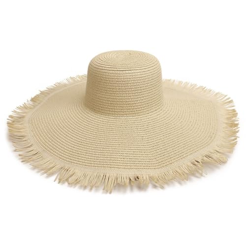 Wide Brim Fashion Boho Fringe Foldable Straw Hat Beach Hat UPF50+UV Protection Summer Hat Sun Hats for Women Travel Beige