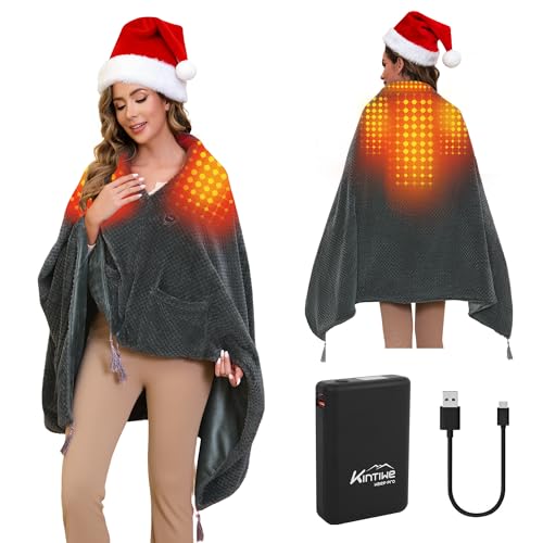 Heated Blanket Throw Battery Operated, Portable Cordless Heated Shawl Ponchol with 4 Heating Areas...