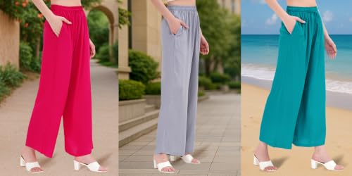 Image of Buy That Trendz Palazzo Pants for Women Rayon Elasticated Regular Fit Flared Wide Leg M to 6XL Pack of 3
