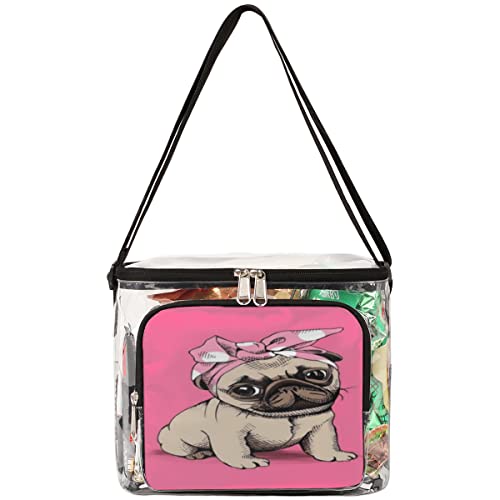 Bisibuy Cute Bulldog Pink Clear Lunch Bag Stadium Approved Pvc Plastic See Through Lunch Box With Adjustable Strap For Sports Events Concerts Office #TOP20
