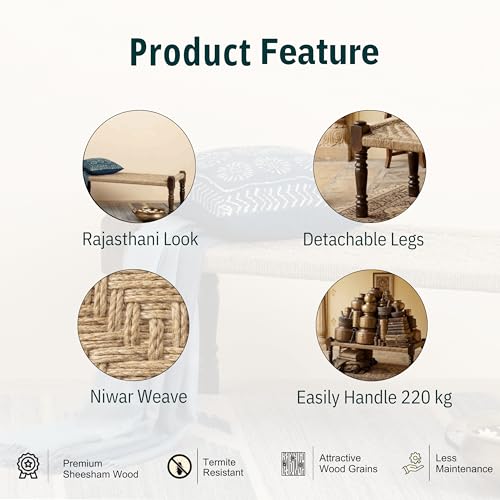 Image of Wooden Bench for Seating | Handcrafted Sheesham Wood Bench for Living Room, Balcony & Garden | Traditional Patio for Outdoor with Jute Handwoven Rope | Jute
