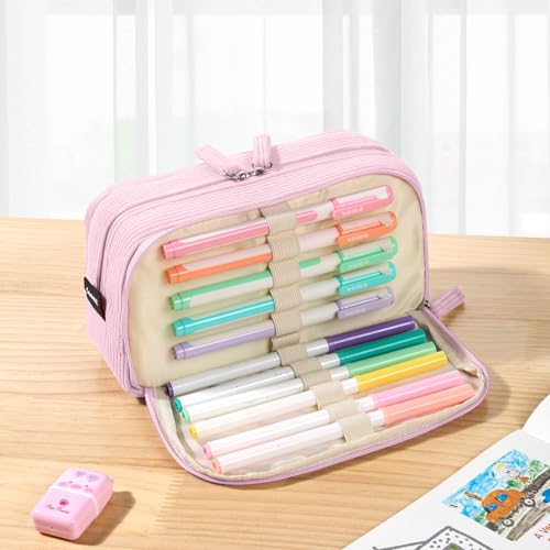 Image of Sooez Big Capacity Pencil Case Pen Pouch, Soft Corduroy Pencil Bag with 3 Compartment, Multiple Pockets, Sturdy Zipper, Cute School Supplies Pen Bag Organizer For Teen Girls College, Pink