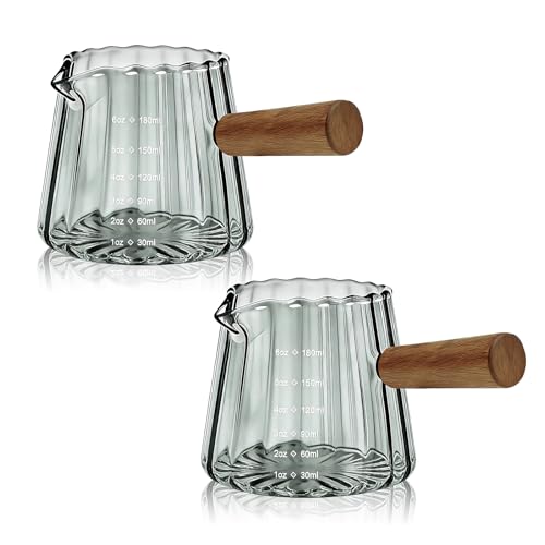 2 PCS Espresso Measuring Cup 6 Oz, Espresso Glass Cups with Wood Handle, Milk Frothing Cup, Espresso Cup for Coffee, Milk, Tea or Maple Syrup Serving (Grey)