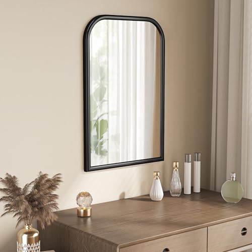 Image of Arch Wall Mirror for Wall Mounted, Tempered Glass, Wood Grain Finish Frame Wall Mirror Decorative for Bedroom Living Room Vanity Mirror (Black, 30 inch L x 20 inch W)