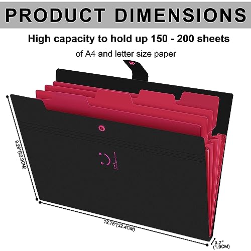 Image of NISUN 5 Pockets File Organizer, Expanding File Folder, Accordion Document Organizer, Adjustable Buckle Folder, A4 Portable Accordion Paper /Bill /Receipt Bag - Black /Pink