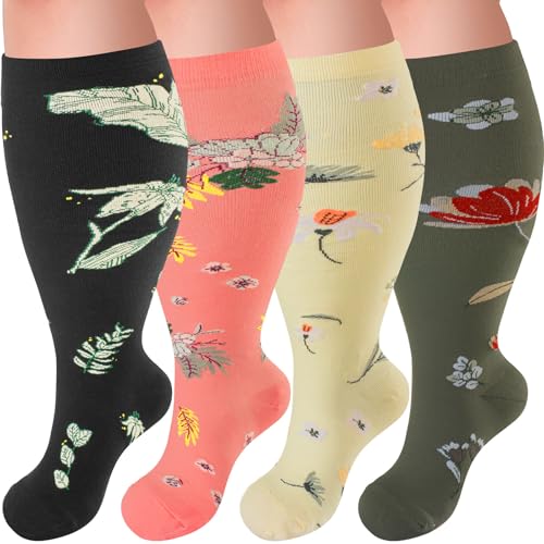 Image of 4 Pairs Plus Size Compression Socks,Extra Wide Calf 20-30 mmHg Knee High Compression Socks for Men Women Circulation