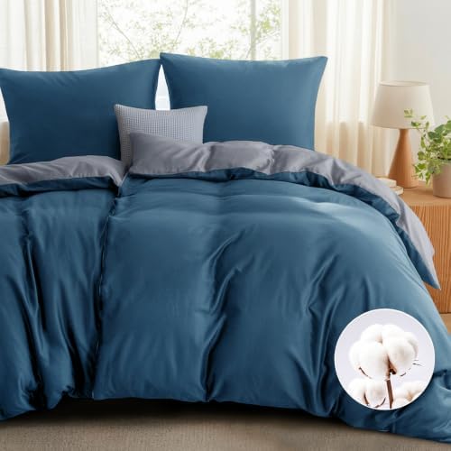 RUIKASI Bettwäsche 135x200 Baumwolle Blau - Bettwäsche-Sets 135x200cm Wendebettwäsche 4teilig mit Reißverschluss, zweifarbige Bettbezüge 2er Set Denim Blau und Grau Cotton