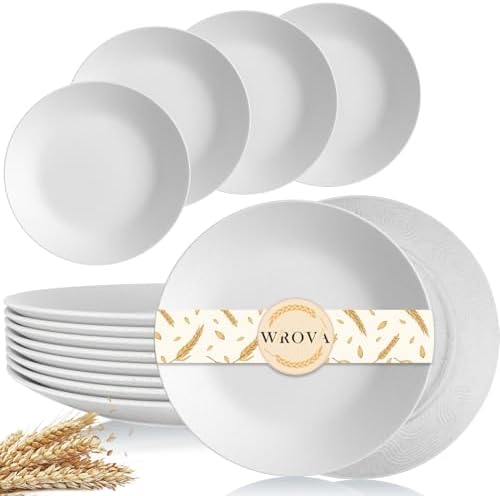Wrova Wheat Straw Dinner Plates 10 Inch Unbreakable Set of 8 - Dishwasher & Microwave Safe Plastic Plates Reusable - Lightweight Plates for kitchen,camping,picnic,R.V. - White