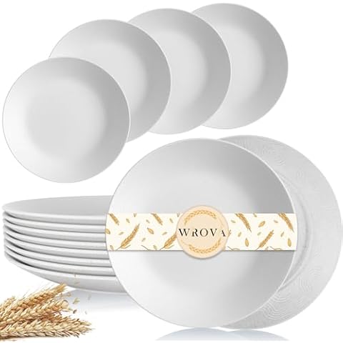 Wrova Wheat Straw Dinner Plates 10 Inch Unbreakable Set of 8 - Dishwasher & Microwave Safe Plastic Plates Reusable - Lightweight Plates for kitchen,camping,picnic,R.V. - White Cover