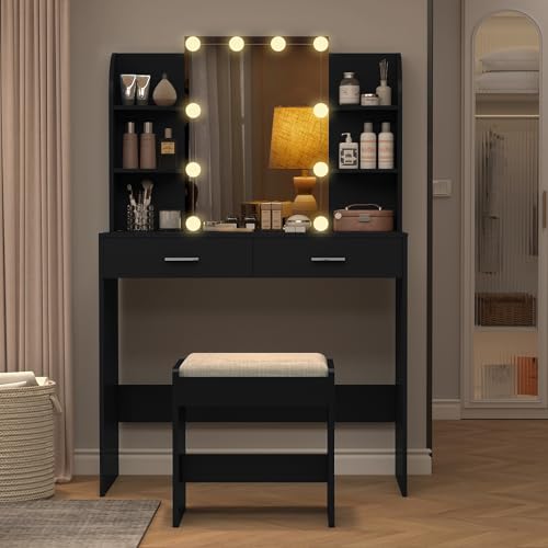 usikey Vanity Desk with Mirror & Lights, Makeup Vanity Table with 2 Large Drawers, 6 Storage Shelves & Stool, Bedroom Dressing Vanity Table with 3 Color Light Adjustable, Black