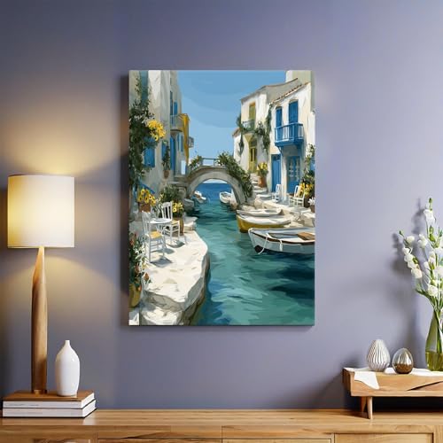 Style de Peinture à L'Huile Tableau mural Bateaux de la ville côtière 60x40 cm Impression sur toile Cadre bois Décoration murale moderne pour salon chambre...