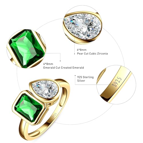 6x8mm 3.5CT Toi Et Moi Ring 925 Sterling Silver Emerald Engagement Ring For Women Double Stone Emerald Shape & Pear Cut Cubic Zirconia Wedding Ring Width Band 1.9mm - Size 5-93