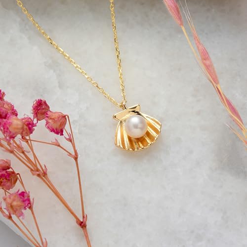 14K Real Gold Shell Pearl Necklace, Minimalist Gold Shell Pendant, Dainty initial Pearl Necklace3