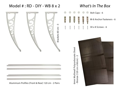 Image of CHENNAI Window Blinds and Shades DIY Polycarbonate Awning (Engineered Plastic Brackets) Window Sunshade Door Weather Shed Rain Canopy Awnings - 8'Widthx2'Depth (White Brackets & Bronze Sheets)