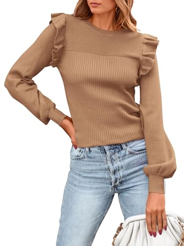 PRETTYGARDEN Women's Ruffle Long Sleeve Sweaters Crew Neck Lightweight Sweater 2025 Fall Trendy Ribbed Knit Pullover Tops