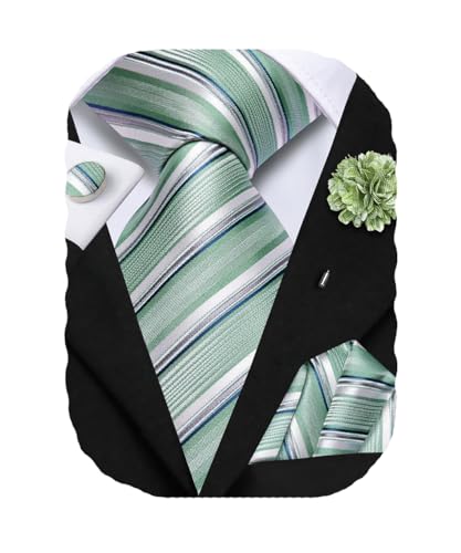 Image of Hi-Tie Sage Green Ties for Men Silk Striped Mens Dress Tie and Flower Lapel Pin Pocket Square Cufflinks Set 4 PCS Necktie