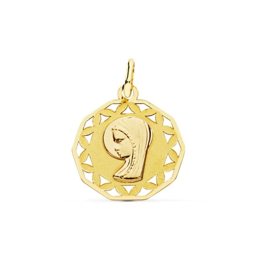 Virgen Niña medalla oro 18k colgante Primera Comunión 18mm. formas caladas - Personalizable - GRABACIÓN INCLUIDA EN EL PRECIO