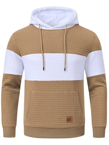 Yundobop Sudadera con capucha para hombre, diseño de retazos, jacquard, manga larga, cordón ajustable, con bolsillos tipo canguro, 2-caqui/blanco, X-Large