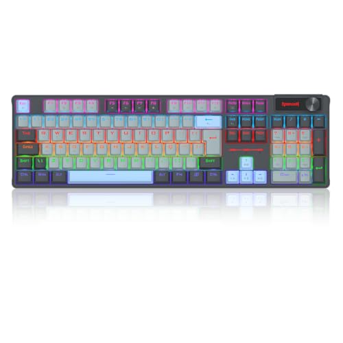 Teclado Mecânico Gamer Redragon Caesura Iluminação Rainbow Cinza Branco e Azul Switch Marrom com Roda de Volume K718GB-R