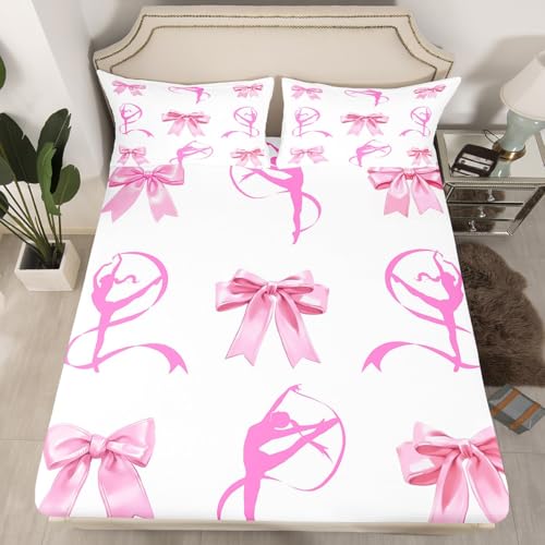 Loussiesd Juego de sábanas bajeras con lazo, tamaño King, diseño de ballet, para niños, niñas, adolescentes, ejercicios de suelo, juego de cama, decoración de habitación, color blanco rosado