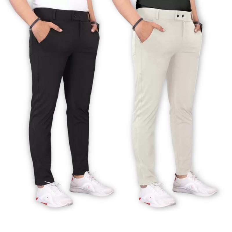 Men's Stylish Slim Fit Lycra Blend Trousers - Pack of 2 (Combo) F...