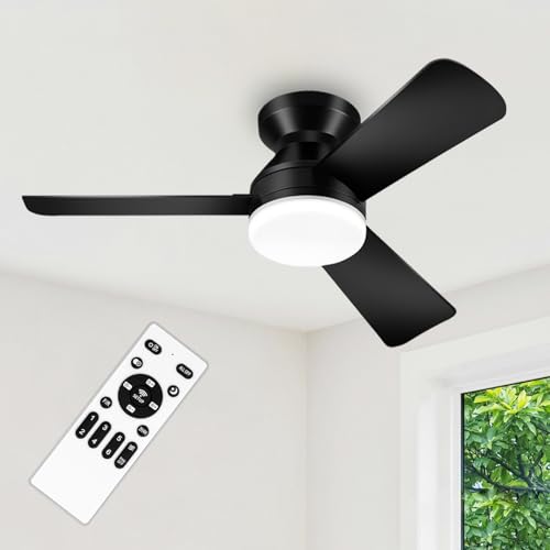 ZOUQILAI 35" Black Ceiling Fans with Lights and Remote, Low Profile Ceiling Fan with Light, Reversible DC Motors, 3CCT Dimmable Timer Noiseless, Flush Mount Ceiling Fan for Bedroom/Living Room