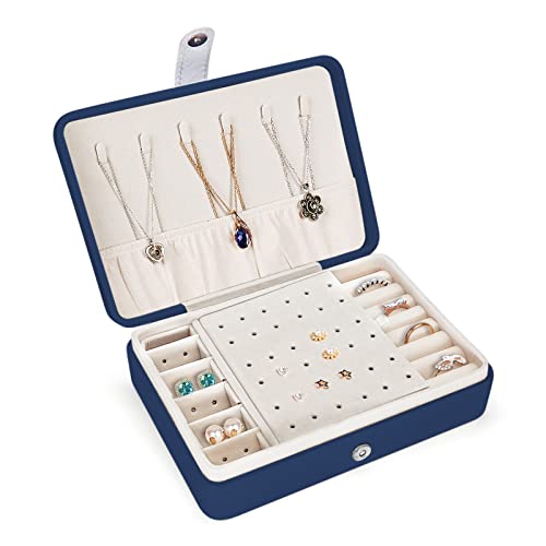 Wanglaism Boite a Bijoux pour Femme Filles , Petite Boîte à Bijoux de Voyage Portable en Cuir, Coffret à Bijoux Rangement pour Bagues Boucles D'oreilles Colliers Bracelets (Bleu) Cover