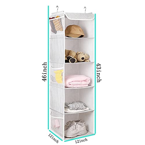 Image of BrilliantJo Hanging Storage with 5 Shelf Set of 1 Wardrobe Closet Organiser, Storage Rack Unit with 6 Pockets for Clothes - (Grey Strip, 5-Shelf)