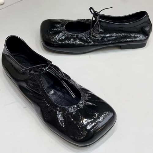 Retro Soft-surfaced Wide Toe Box Square-Toe Ballet Flats for Women Lace-up Patent Leather Casual Shoes New 20254