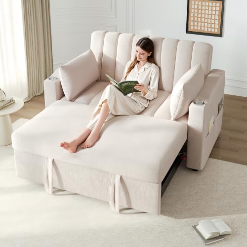 Merax Schlafsofa mit Schlaffunktion, Multifunktionales Sofa mit Verstellbarer Rückenlehne, Integrierter Getränkehalter und Kissen, Ideal für...
