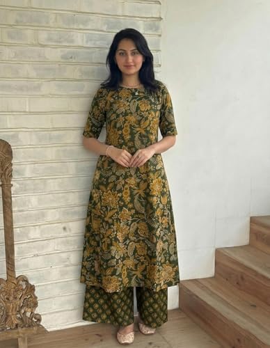 Image of ANNI Designer Women's Viscose Blend Straight Printed Kurta with Palazzo | Elbow Length Sleeve Kurti Set | Close Neck with Back Slit | Soft Comfortable Fabric | 2 Piece Outfit