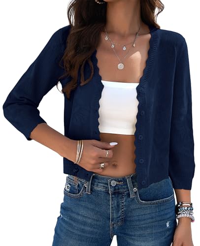 Image of Women Crop Cardigan Sweaters Lightweight 3 /4 Sleeve Button Up Crochet Shrug | Textured Bolero For Dresses Dressy Casual, V Neck, Ladies Eyelet Shawl Thin Trendy