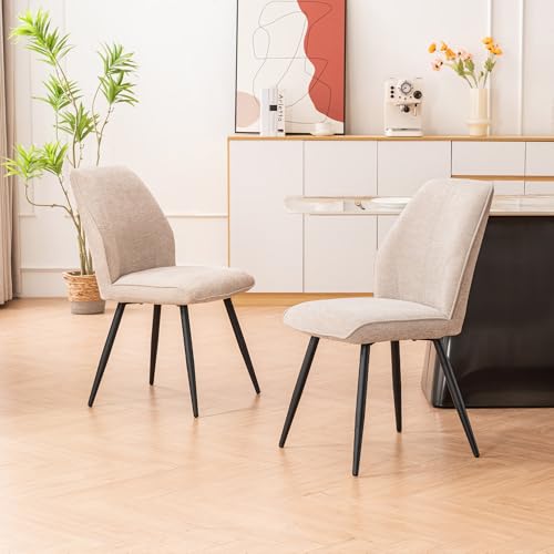 Image of Rowill Dining Chairs Set of 2, Modern Upholstered Kitchen Chairs with Back, Metal Legs, Mid-Century Armless Dining Table Chairs for Dining, Kitchen Room, Cafeteria, and Living Room, Linen, Cream