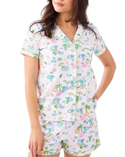 Image of 2-Piece Monkey Pajamas Set for Women Button Down V Neck Summer Y2K Beach Matching Lounge Set for Vacation Jammies Party Birthday Thanksgiving (Pool Party, Small)