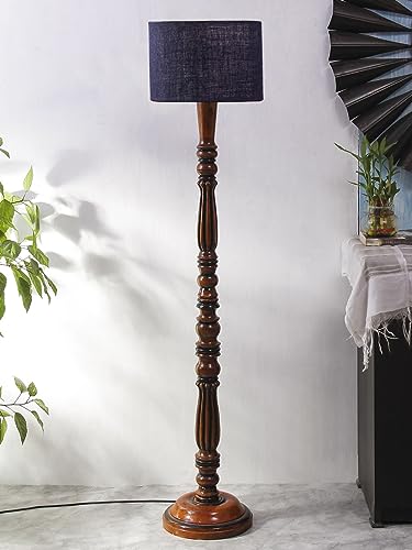 Image of Jute Modern Floor Lamp with Wooden Base - Height 56 Inches | Modern & Fashionable Standing Lamp for Living Room, Bedroom & Office | Stylish Home Decor Lighting in Elegant Blue Shade