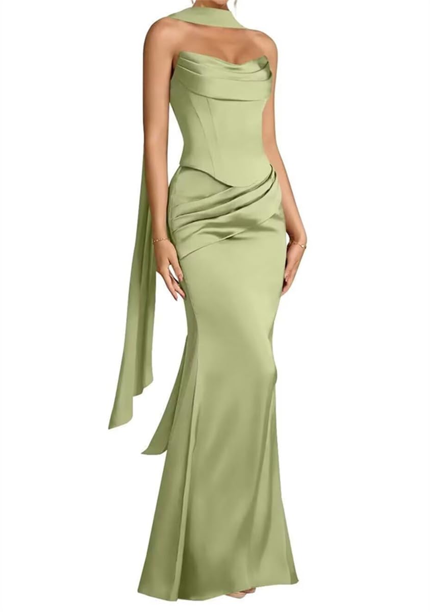 Sayno Women's Sage Satin Bridesmaid Dress With Scarf Evening Prom Gown Pleats Cocktail Dresses Plus Size Hlsa405 Uk8