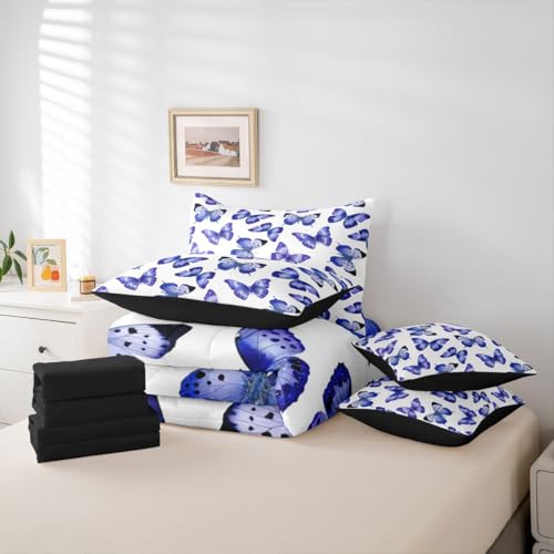 Image of Purple Butterfly 7 Pieces Bedding Set Twin Size,Dreamy Princess Bed in a Bag,Flying Butterflies Bed Set Includes Comforter,Sheet Set,Pillowcases & Pillow Covers,Watercolor Oil Painting Bedroom Decor