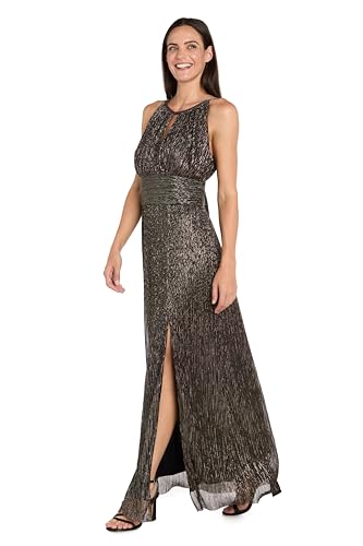 Image of R&M Richards Women's Metallic Crinkle Halter Maxi Gown W /Keyhole, Slit & Shirred Waist