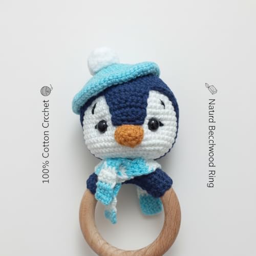 Image of Crochet Baby Teether Combo Penguin - Soft Handmade Cotton Rattle Toy with Wooden Ring for Infants - Penguin 1 PCS