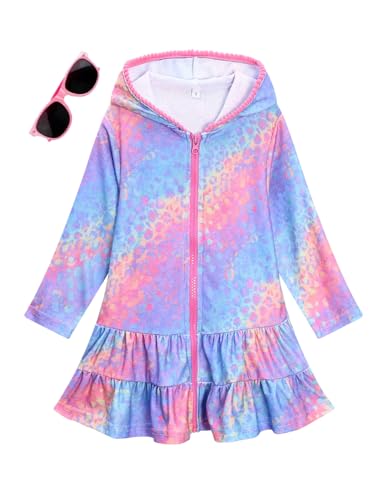 Image of Girls Swim Cover Up Kids Long Sleeve Swimsuit Coverup Terry Beach Pool Clothes with Sunglasses