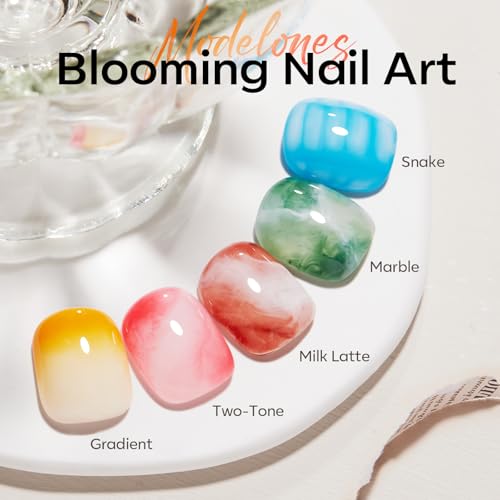 Image of modelones Gel Base Top Coat Set with Blomming Gel, 3 Pcs 15ML Clear Tortoise Bloom Marble Aura Painting Nail Art No Wipe Super Shiny Top Base Coat Soak Off U V DIY Manicure Gift for Women