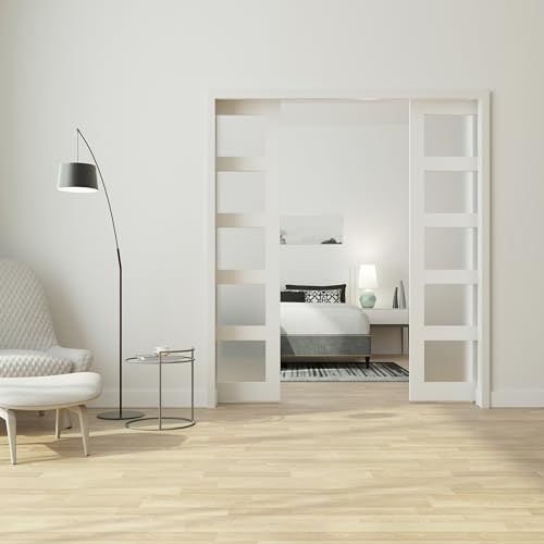 JUBEST 2 Set Pocket Door Frame Kits con mecanismo de cierre suave bidireccional de 120LBS, kit fácil de instalar para doble puerta de 48" a 72"x80", kit de puerta oculta duradero, funcionamiento suave y silencioso miniatura 5