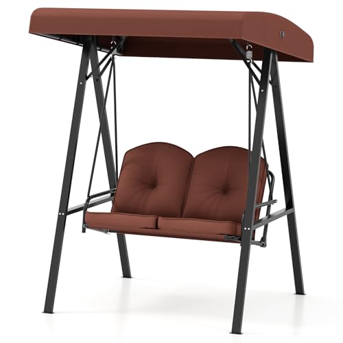 Image of HAPPYGRILL 2-Person Porch Swing, Outdoor Loveseat Swing with Adjustable Canopy & Heavy-Duty Metal Frame, Cushioned Swing with Stand for Porch, Backyard, Garden (Brown)