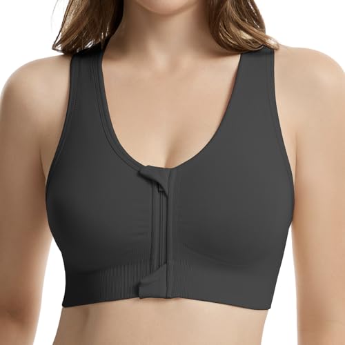 Lemef Zip Front Closure Sports Bras for Women High Impack Wireless Post Surgery Bra Post Op Compression Bras Racerback Yoga Workout Bra Black M