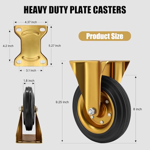 Image of WBD WEIBIDA 8 in Heavy Duty Industrial Casters Wheel,800 Lbs Per Heavy Duty Rigid Plate Casters, No Floor Marks 8 Inch Rubber Wheels for Toolbox,Workbench,Doliies (2 Rigid, Free Spanner)