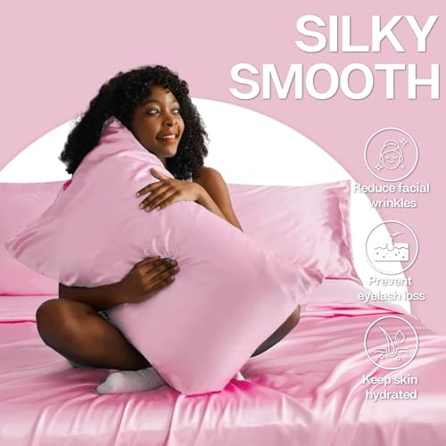 Image of MR&HM Satin Pillowcase for Hair and Skin, Silk Satin Pillowcase 2 Pack, King Size Pillow Cases Set of 2, Silky Pillow Cover with Envelope Closure (20x36, Pink)