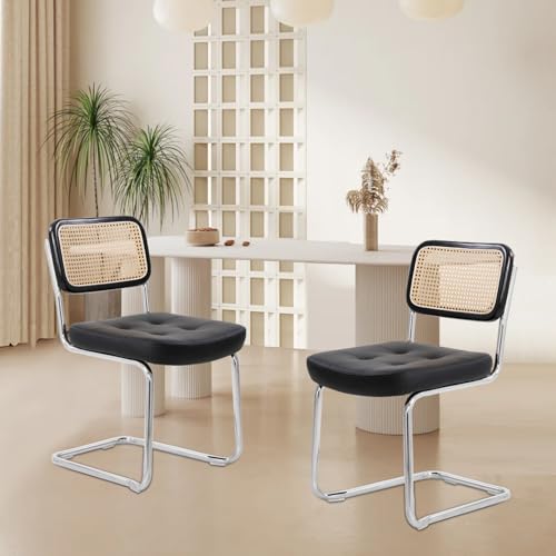 DOKKOME Rattan Esszimmerstühle 2er Set freischwinger Stühle Schwingstuhl Vintage Polsterstuhl Eiche Rückenlehnen aus Leinen mit Holzbeine...