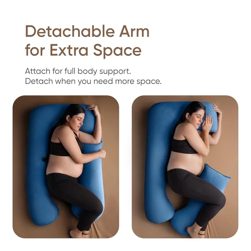 Image of Frido Maternity U-Shaped Pillow | 360 Full Body Pregnancy Support | Detachable Arm & Arm Locator Pocket | Support for Back, Belly, Hips & Legs | 50 inch Soft Suede Velvet Cover | Blue